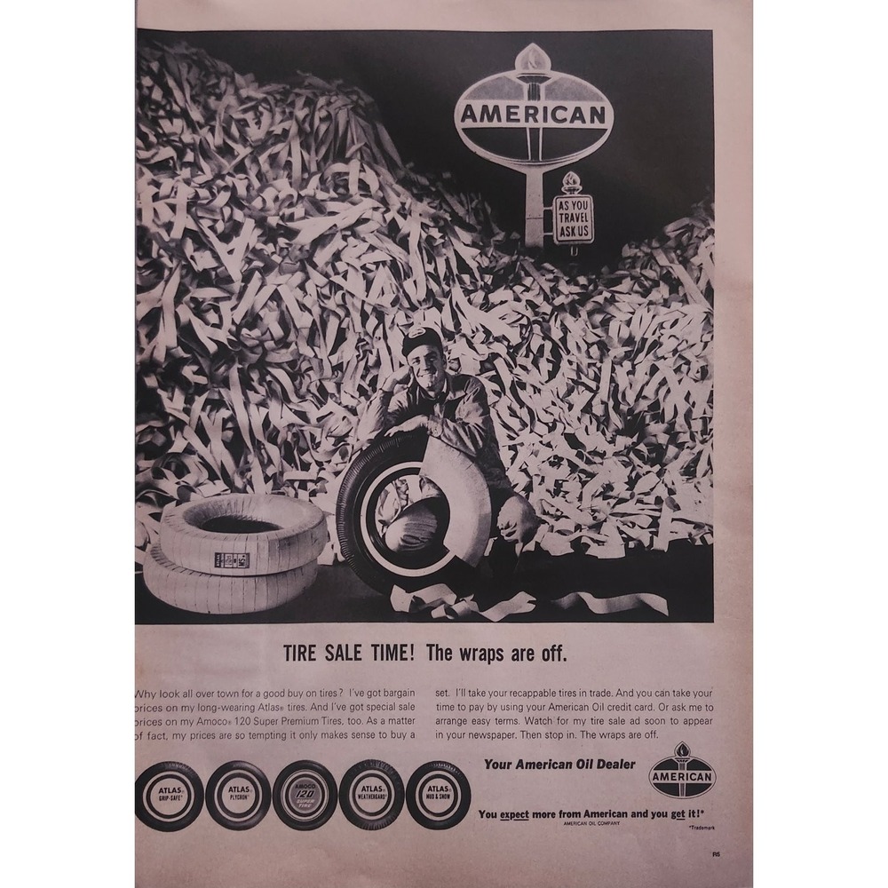 AMERICAN Oil Atlas Tires Magazine Ad 1960s Tire Sale Mid-Century 10x13